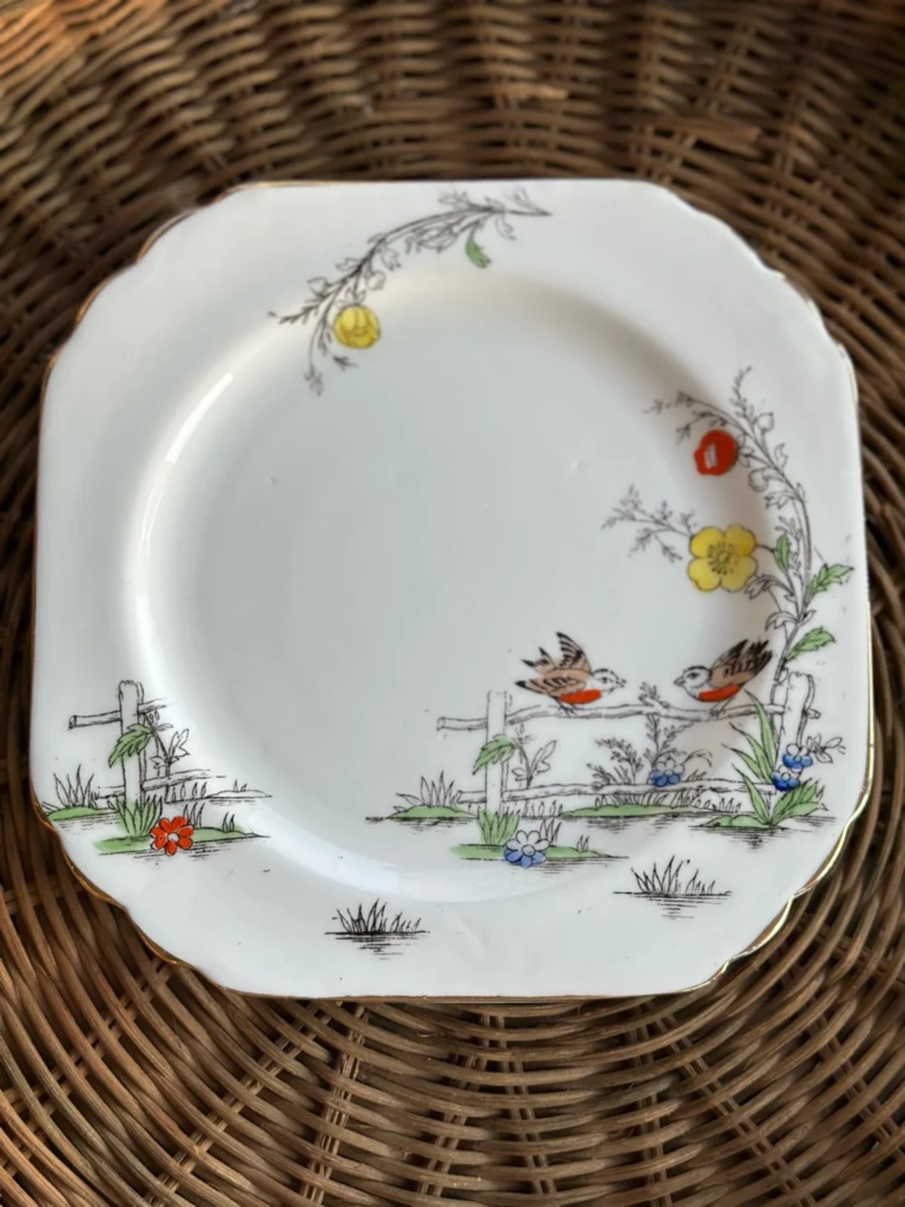 Vintage English Bone China Tea Bowl Saucer Bird Cottagecore Gold Trim